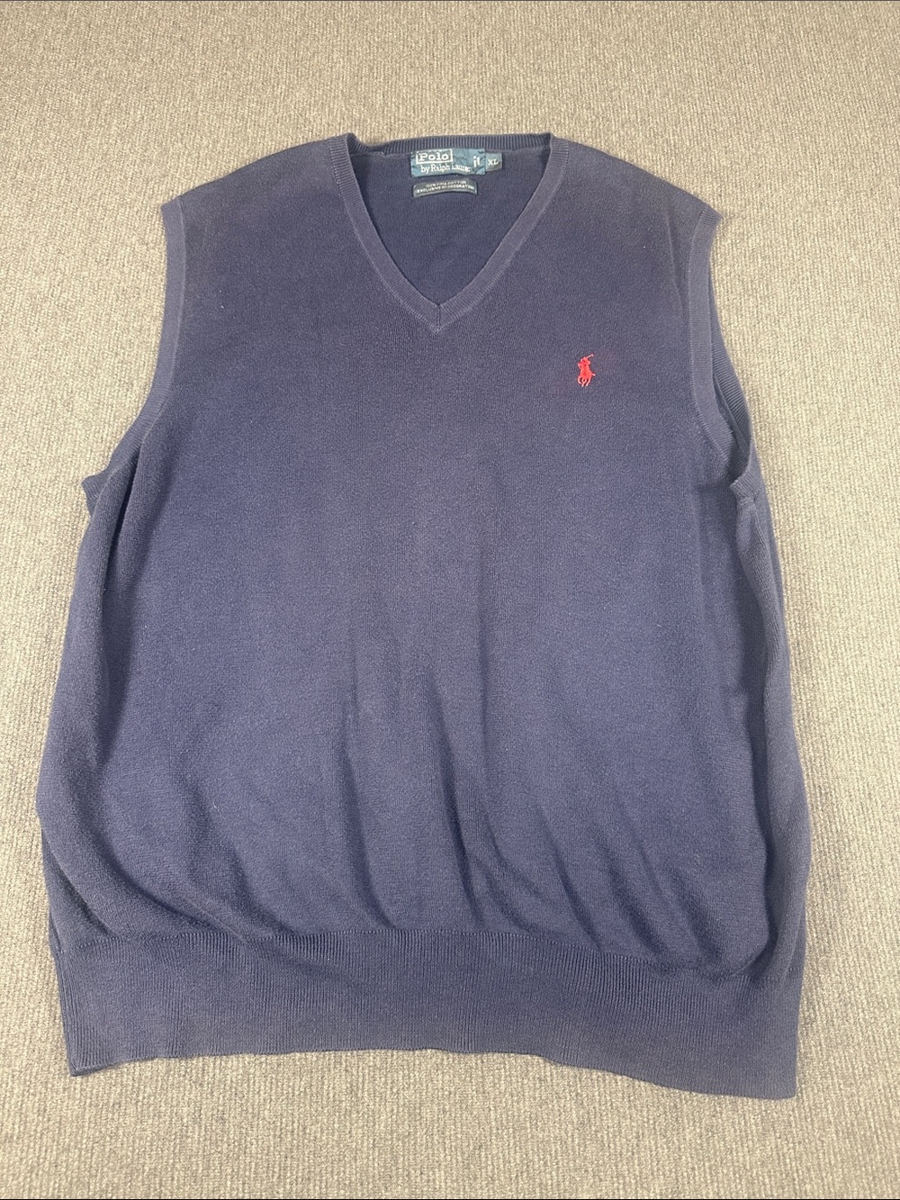 Polo Ralph Lauren Blue V-Neck Pullover Logo Sweater Vest XL Red Pony Pima Cotton